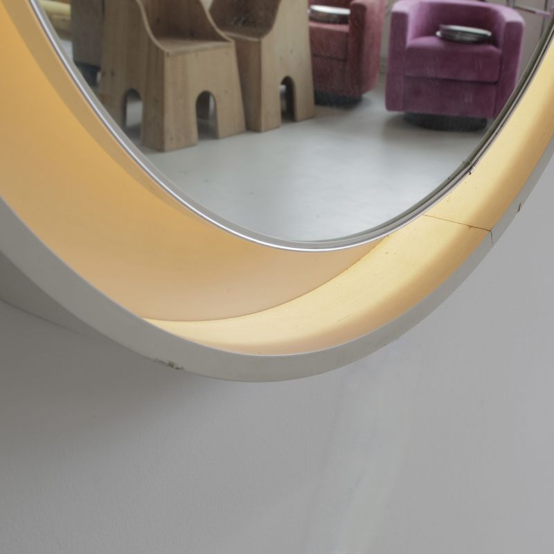 Large Round Illuminated Wooden Mirror, 1970s